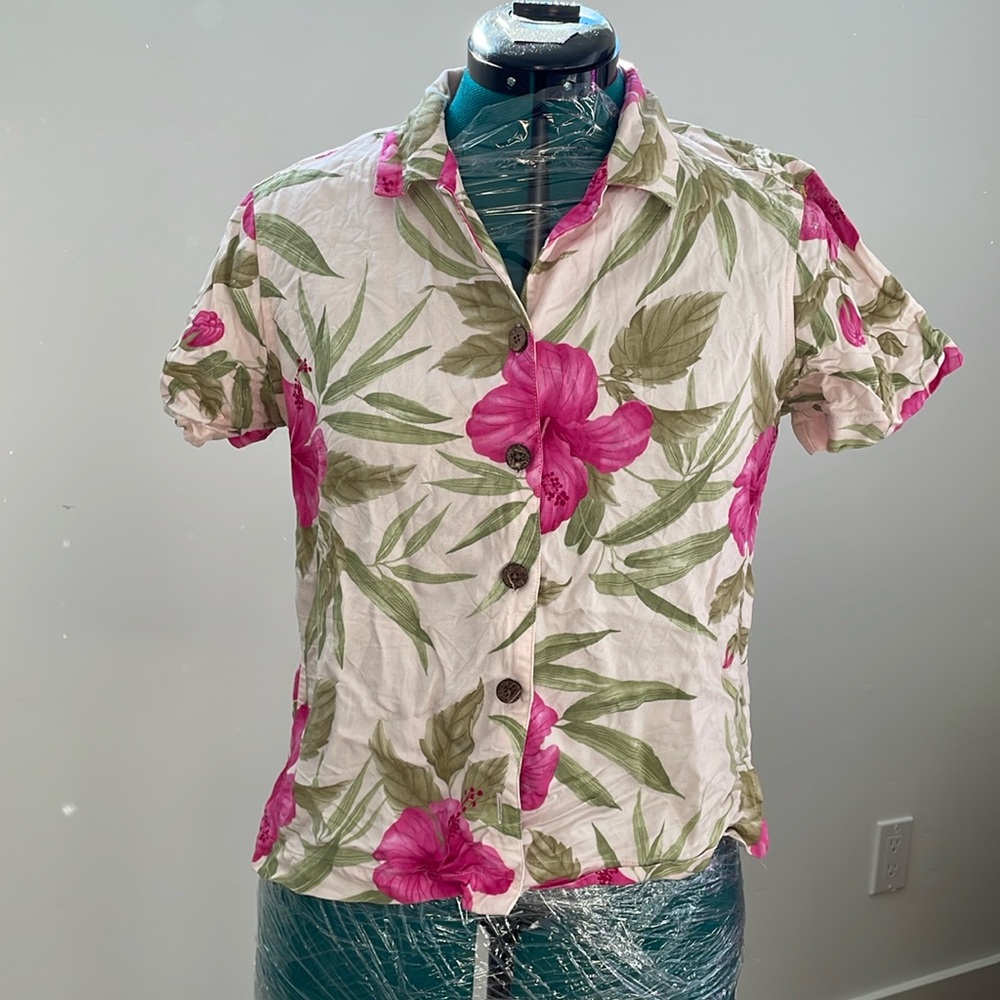 La Cabana hibiscus print button down sz PS EUC!
